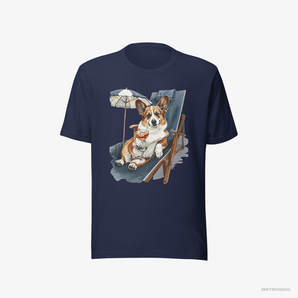 Corgi T-Shirt – Women Navy T-Shirt Eco-Friendly – Resting on a Beach Chair (on White Background)