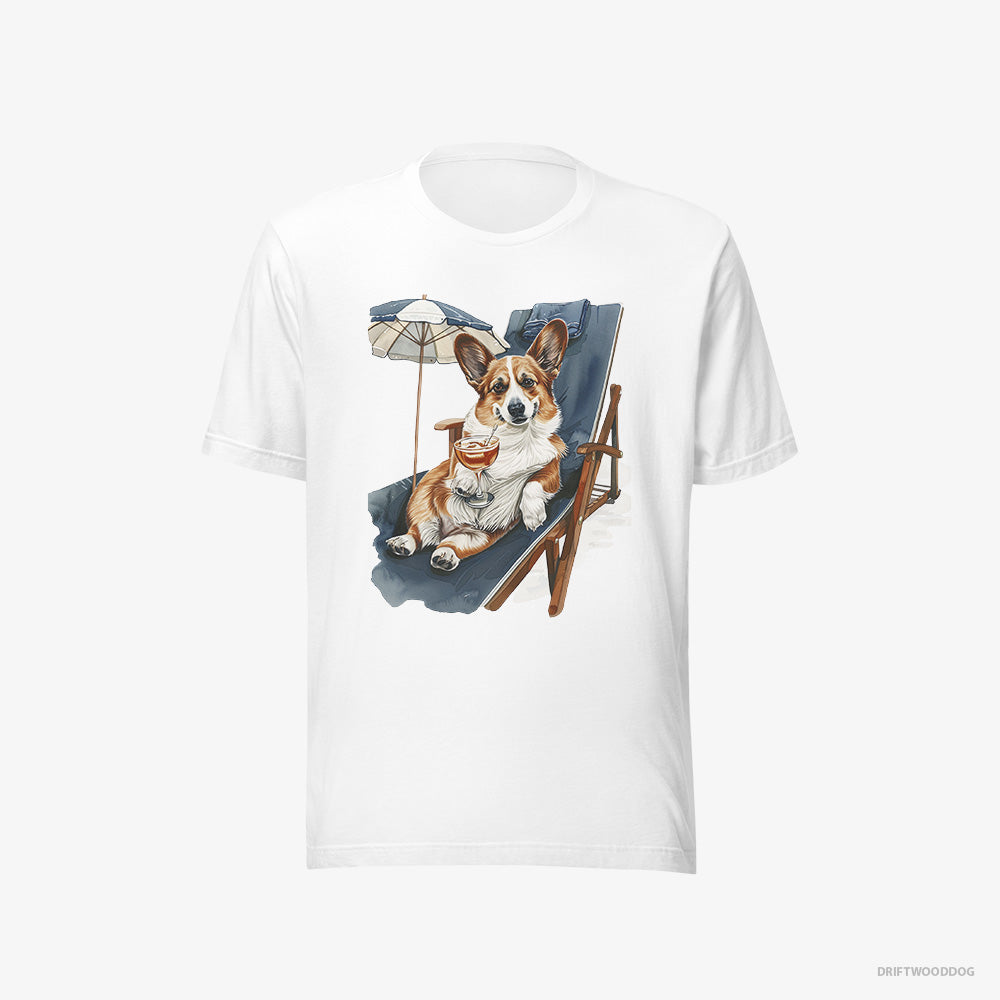 Corgi T-Shirt – Men White T-Shirt Eco-Friendly – Resting on a Beach Chair (on White Background)