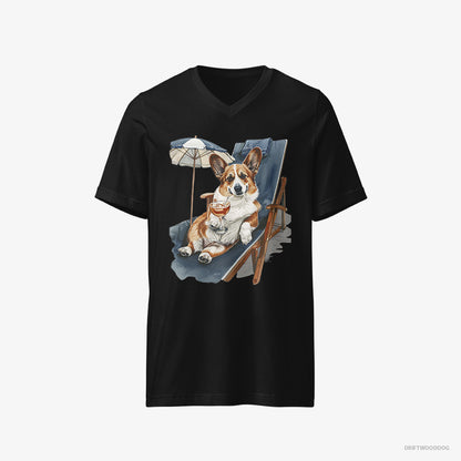 Corgi T-Shirt – Men Black T-Shirt V-Neck – Resting on a Beach Chair (on White Background)