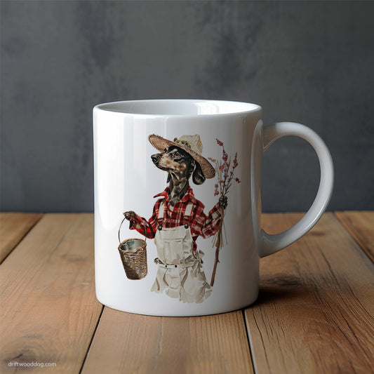 Black Dachshund Dressed in Farmer's Clothes Mug – Unique Dog Cups | Dog-Themed Mugs