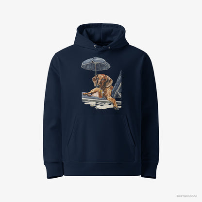 Dachshund Hoodie – Men Navy Hoodie Eco-Friendly – Lying on a Sun Lounger (on White Background)