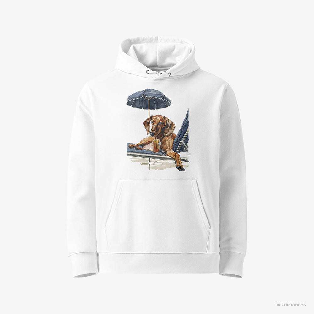 Dachshund Hoodie – Women White Hoodie Eco-Friendly – Lying on a Sun Lounger (on White Background)