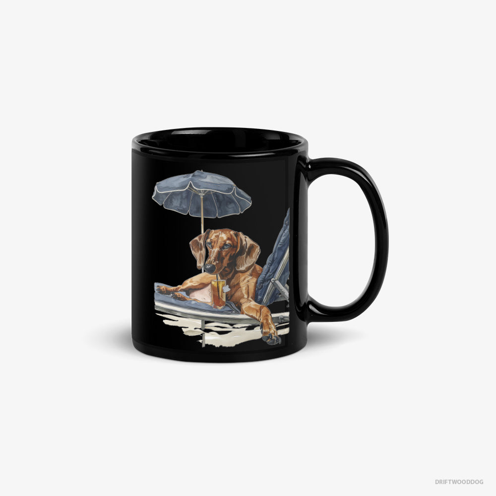 Dachshund Mug – Unisex Black Mug Classic – Lying on a Sun Lounger (on White Background)