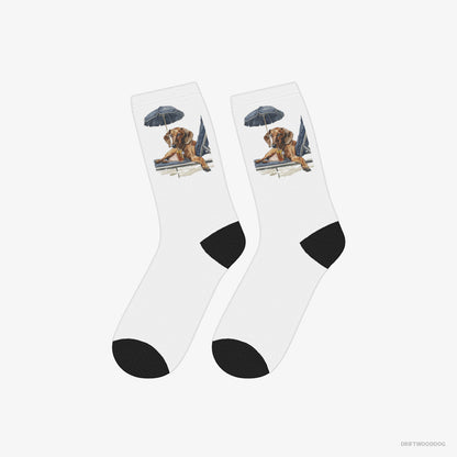 Dachshund Socks – Unisex White Socks Classic – Lying on a Sun Lounger (on White Background)