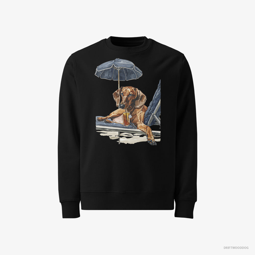 Dachshund Sweatshirt – Men Black Sweatshirt Classic – Lying on a Sun Lounger (on White Background)