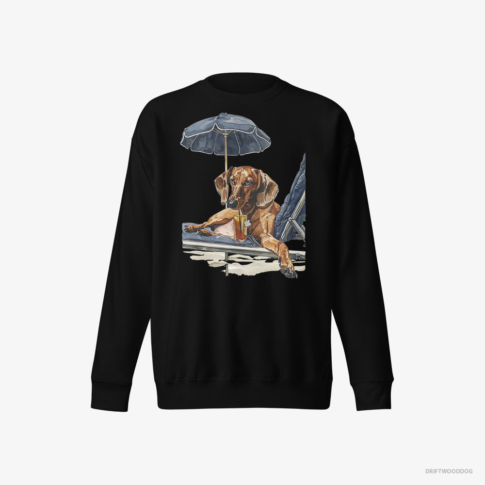 Dachshund Sweatshirt – Men Black Sweatshirt Eco-Friendly – Lying on a Sun Lounger (on White Background)