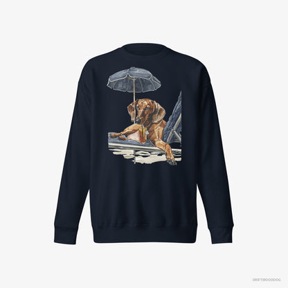 Dachshund Sweatshirt – Men Navy Sweatshirt Eco-Friendly – Lying on a Sun Lounger (on White Background)