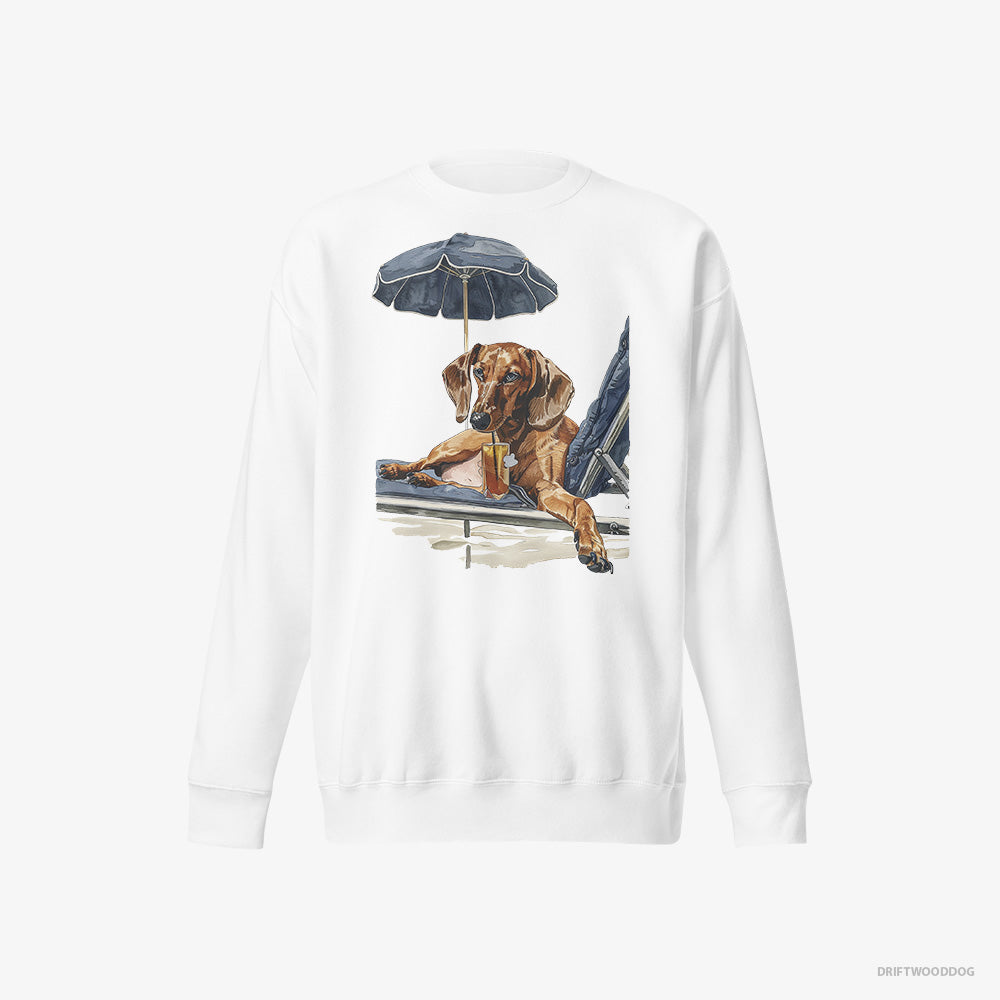 Dachshund Sweatshirt – Men White Sweatshirt Eco-Friendly – Lying on a Sun Lounger (on White Background)