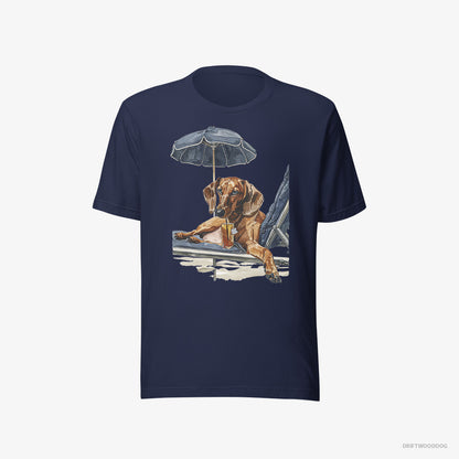 Dachshund T-Shirt – Women Navy T-Shirt Eco-Friendly – Lying on a Sun Lounger (on White Background)