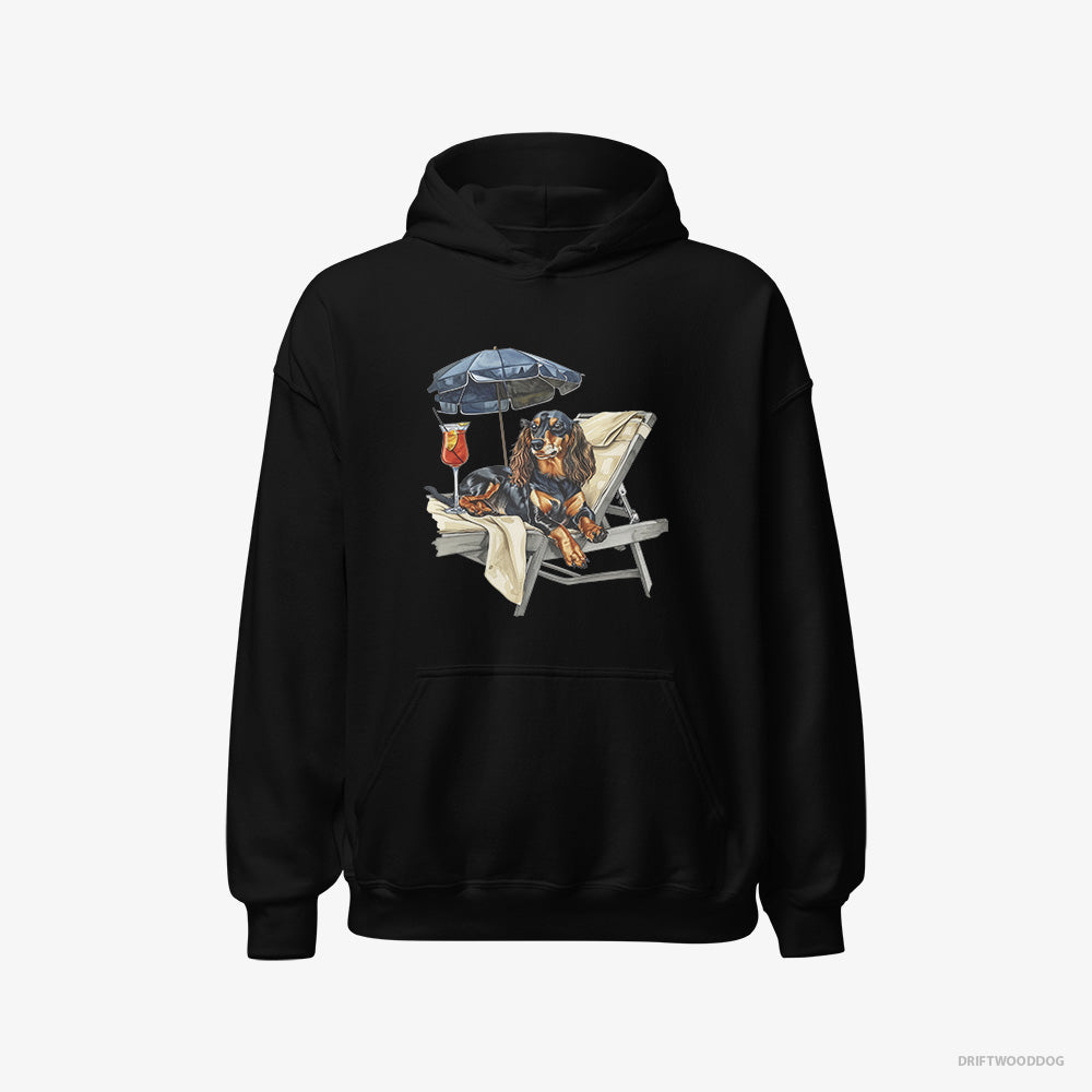 Dachshund Hoodie – Men Black Hoodie Classic – Relaxing on a Patio Lounger with a Cocktail (on White Background)