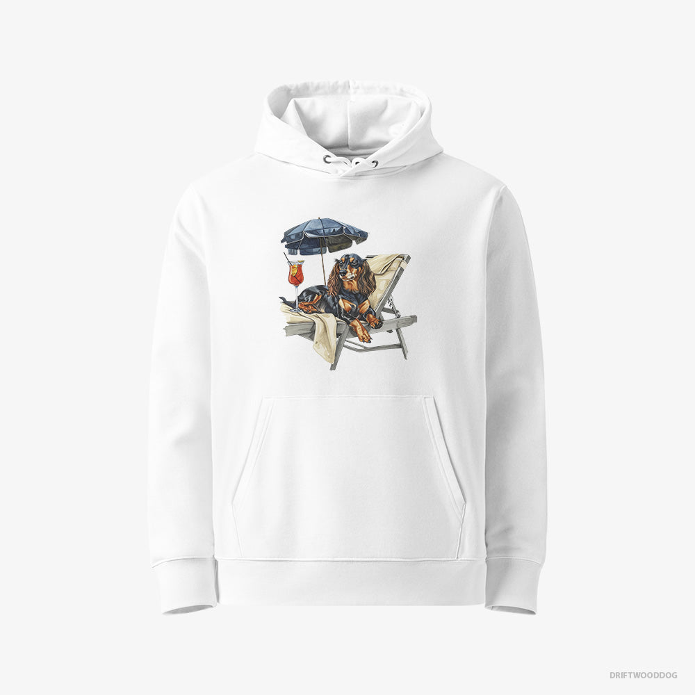 Dachshund Hoodie – Men White Hoodie Eco-Friendly – Relaxing on a Patio Lounger with a Cocktail (on White Background)