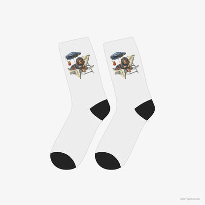 Dachshund Socks – Unisex White Socks Classic – Relaxing on a Patio Lounger with a Cocktail (on White Background)