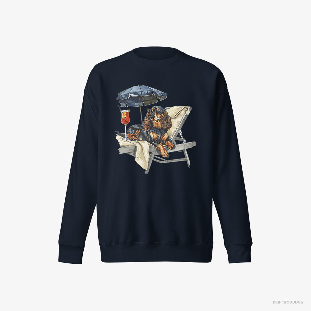 Dachshund Sweatshirt – Men Navy Sweatshirt Eco-Friendly – Relaxing on a Patio Lounger with a Cocktail (on White Background)