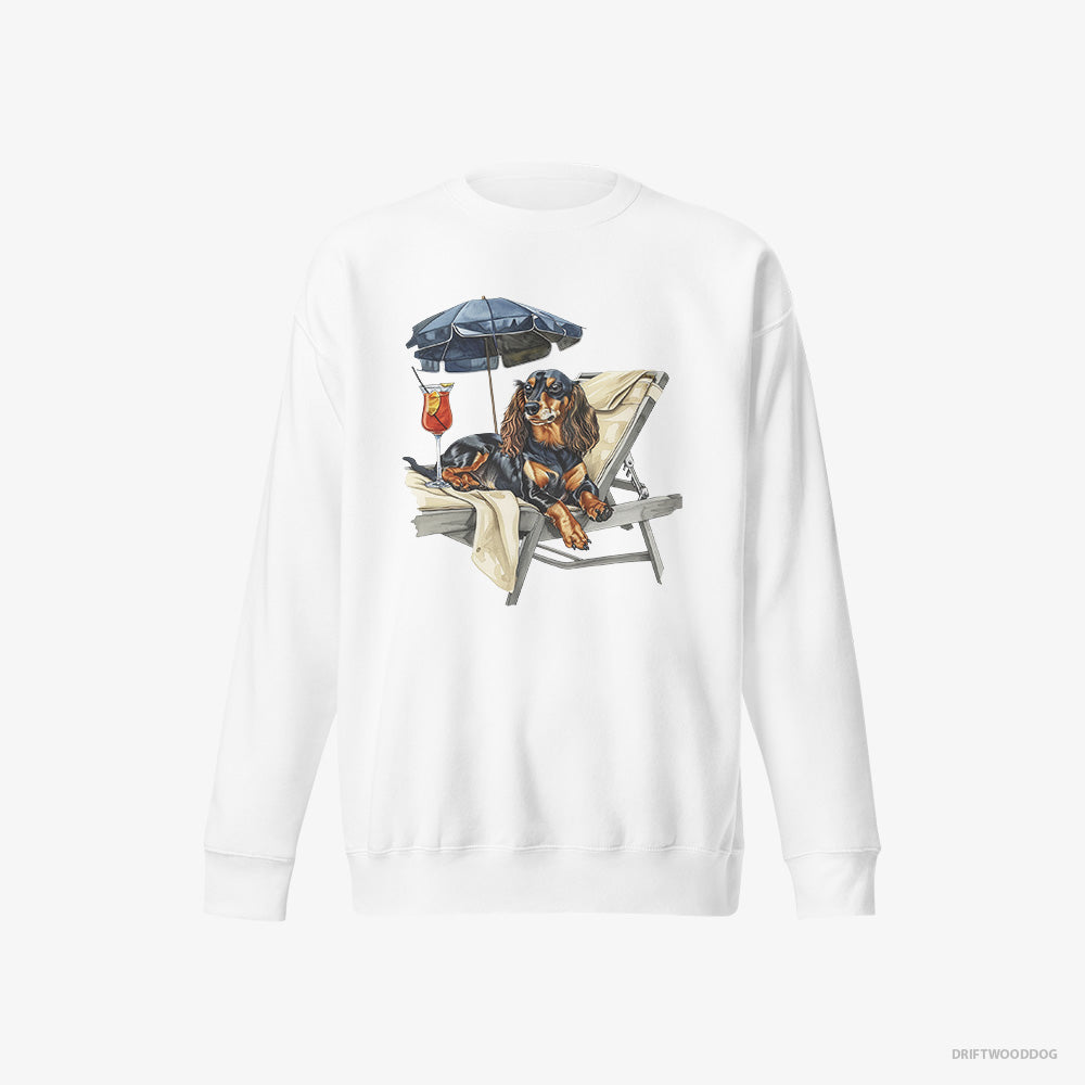 Dachshund Sweatshirt – Men White Sweatshirt Eco-Friendly – Relaxing on a Patio Lounger with a Cocktail (on White Background)