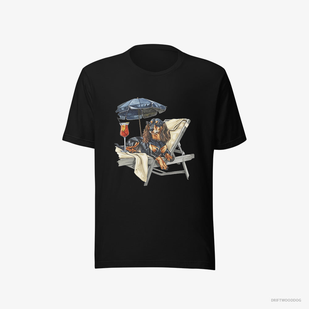 Dachshund T-Shirt – Men Black T-Shirt Eco-Friendly – Relaxing on a Patio Lounger with a Cocktail (on White Background)