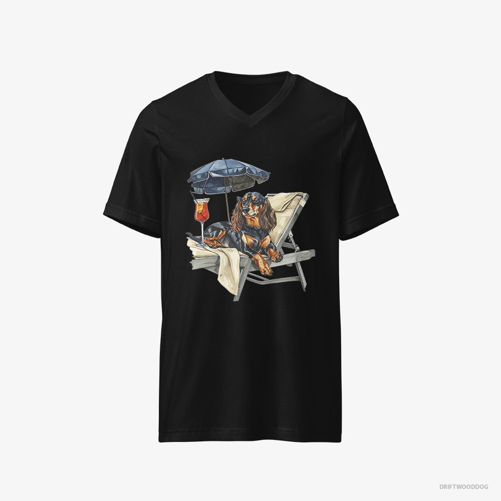 Dachshund T-Shirt – Men Black T-Shirt V-Neck – Relaxing on a Patio Lounger with a Cocktail (on White Background)