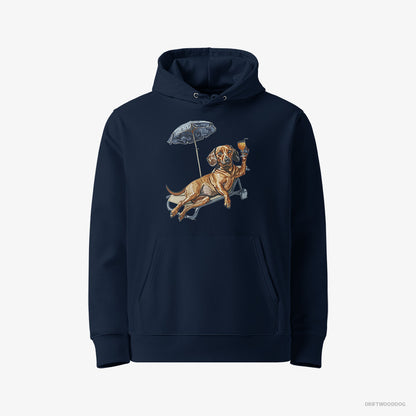 Dachshund Hoodie – Men Navy Hoodie Eco-Friendly – Resting on a Beach Chair (on White Background)