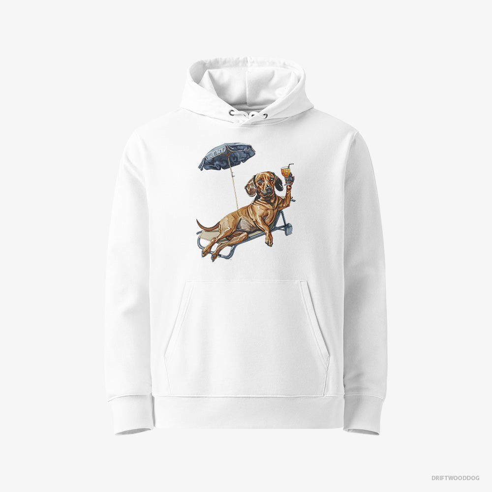 Dachshund Hoodie – Men White Hoodie Eco-Friendly – Resting on a Beach Chair (on White Background)