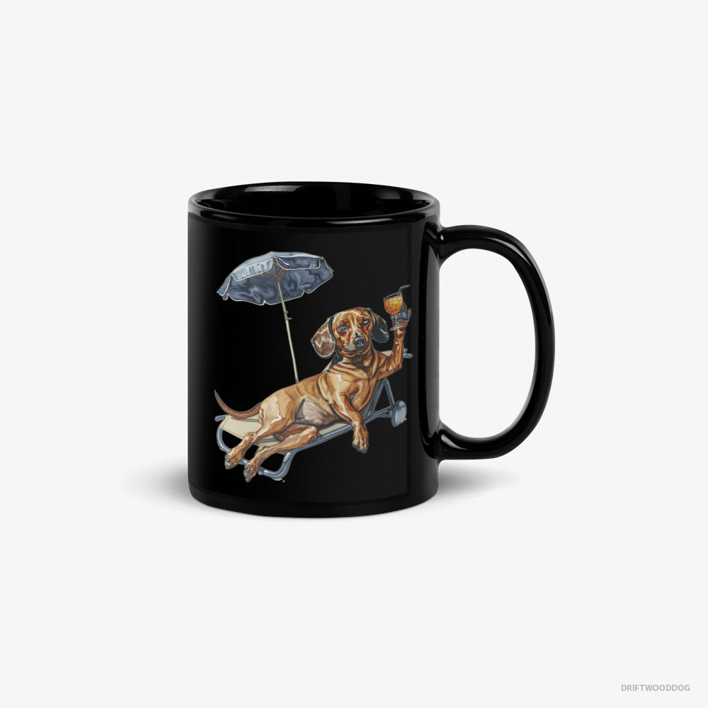 Dachshund Mug – Unisex Black Mug Classic – Resting on a Beach Chair (on White Background)