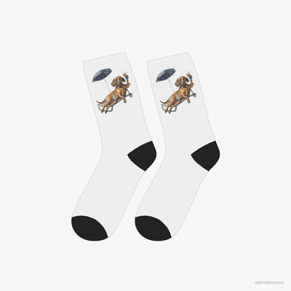 Dachshund Socks – Unisex White Socks Classic – Resting on a Beach Chair (on White Background)