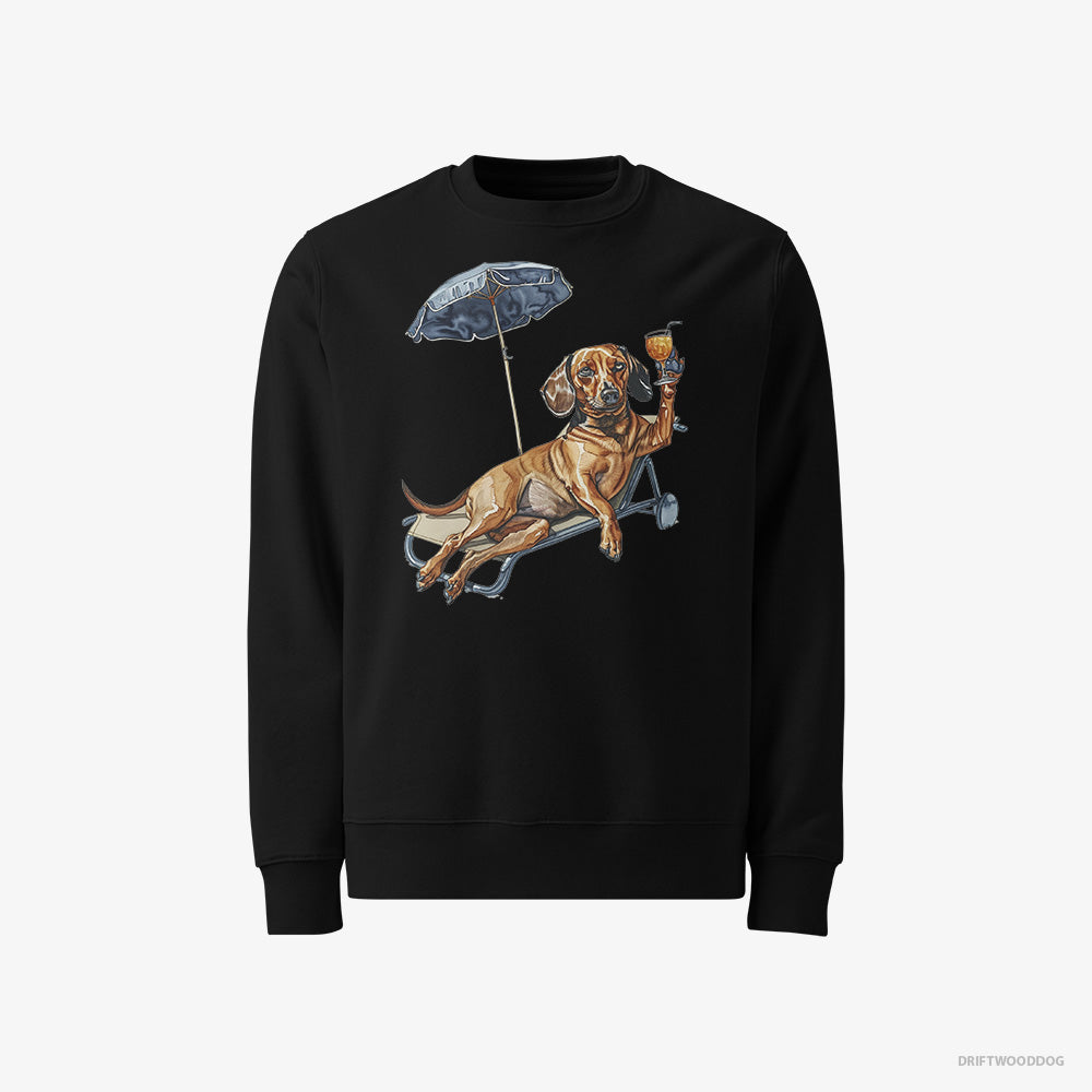 Dachshund Sweatshirt – Men Black Sweatshirt Classic – Resting on a Beach Chair (on White Background)