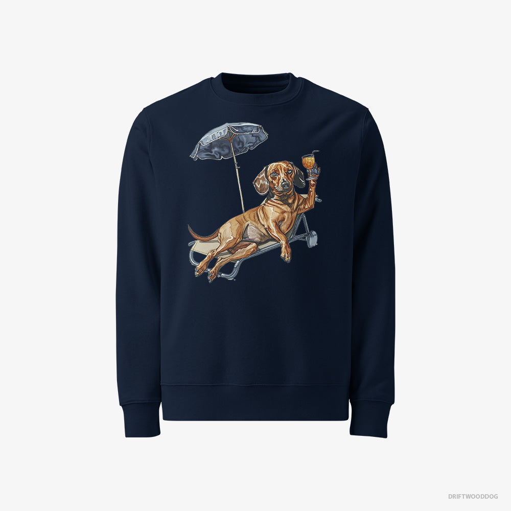 Dachshund Sweatshirt – Men Navy Sweatshirt Classic – Resting on a Beach Chair (on White Background)