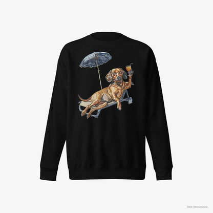 Dachshund Sweatshirt – Men Black Sweatshirt Eco-Friendly – Resting on a Beach Chair (on White Background)