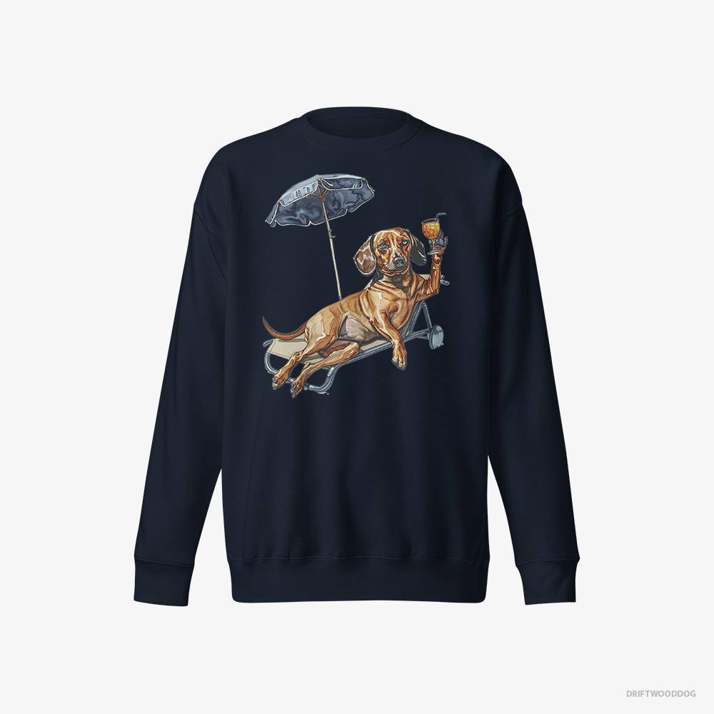 Dachshund Sweatshirt – Women Navy Sweatshirt Eco-Friendly – Resting on a Beach Chair (on White Background)