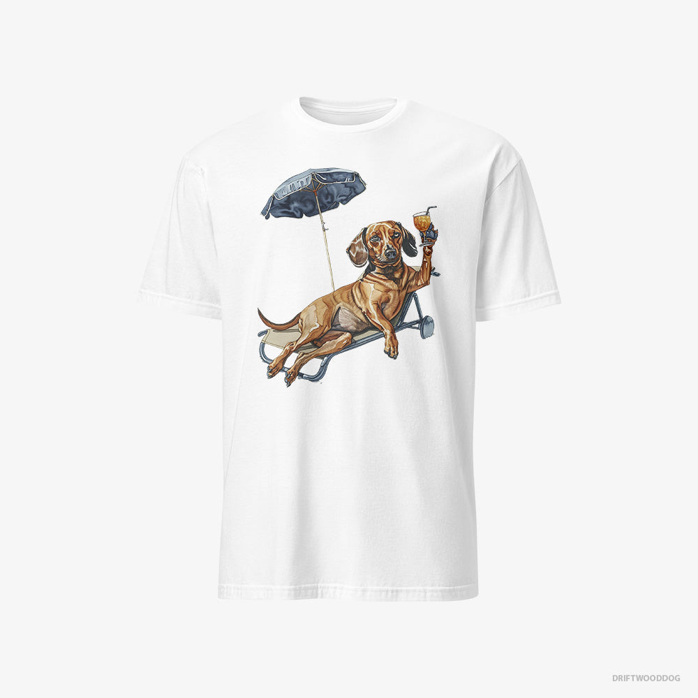 Dachshund T-Shirt – Men White T-Shirt Classic – Resting on a Beach Chair (on White Background)