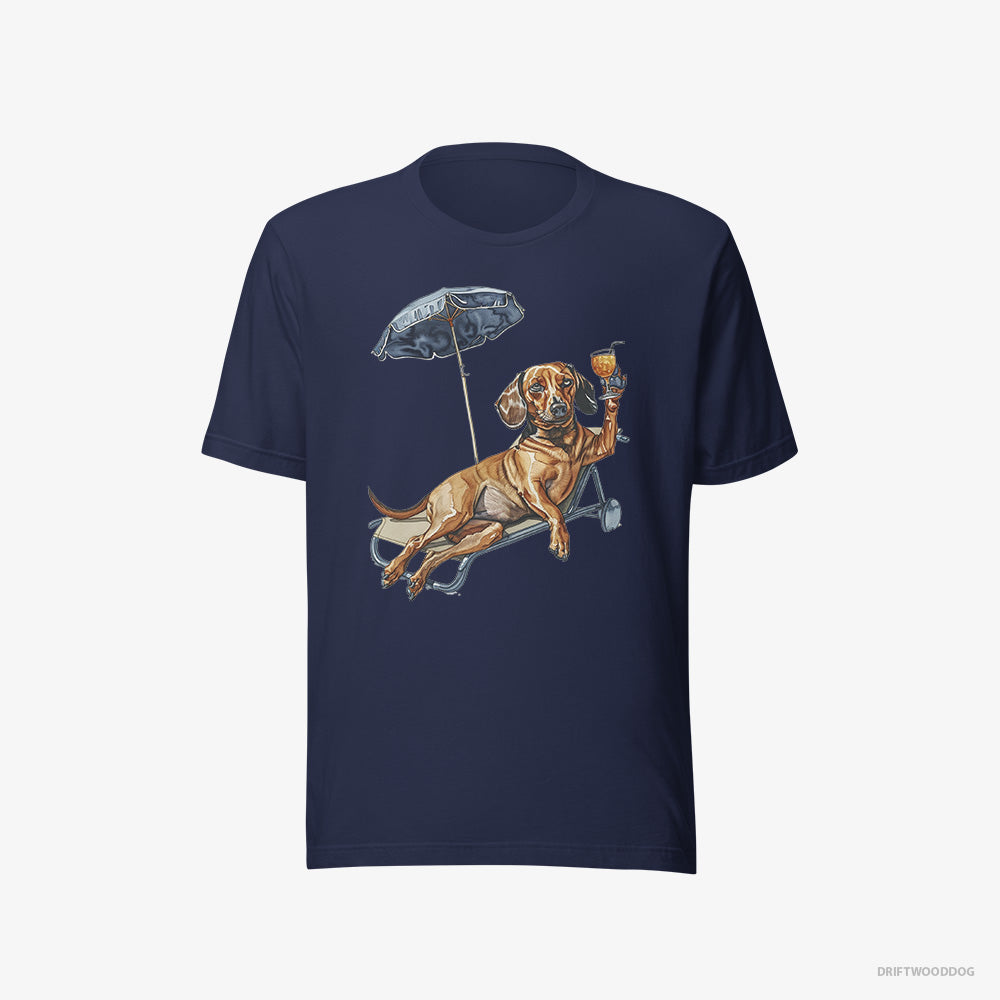 Dachshund T-Shirt – Men Navy T-Shirt Eco-Friendly – Resting on a Beach Chair (on White Background)