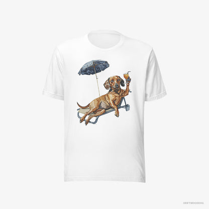 Dachshund T-Shirt – Men White T-Shirt Eco-Friendly – Resting on a Beach Chair (on White Background)