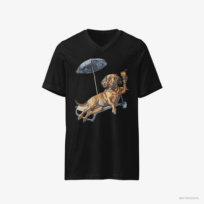 Dachshund T-Shirt – Men Black T-Shirt V-Neck – Resting on a Beach Chair (on White Background)