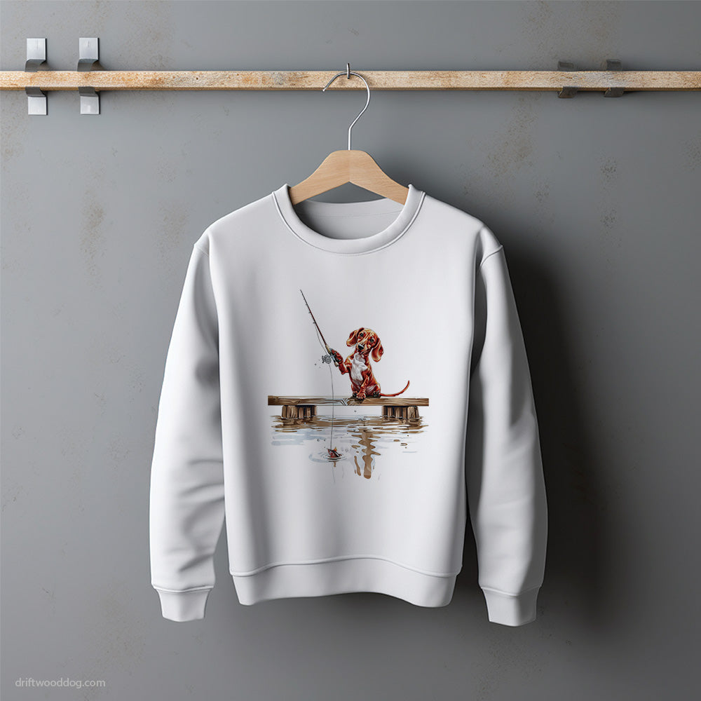 Little Dachshund with a Fishing Rod Sweatshirt – Unisex Sweatshirt for Dog Lovers