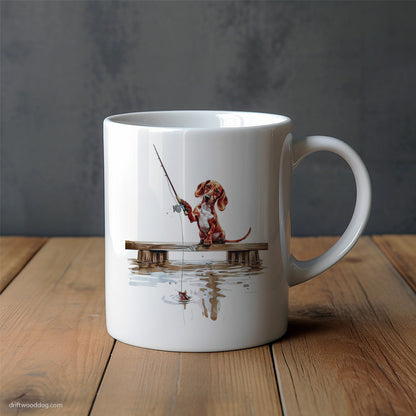 Little Dachshund with a Fishing Rod Mug – Unique Dog Cups | Dog-Themed Mugs