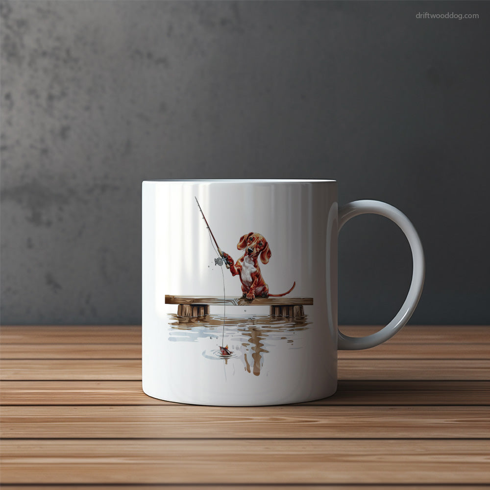 Little Dachshund with a Fishing Rod Mug – Funny Dog Coffee Mugs | Quirky Canine Drinkware