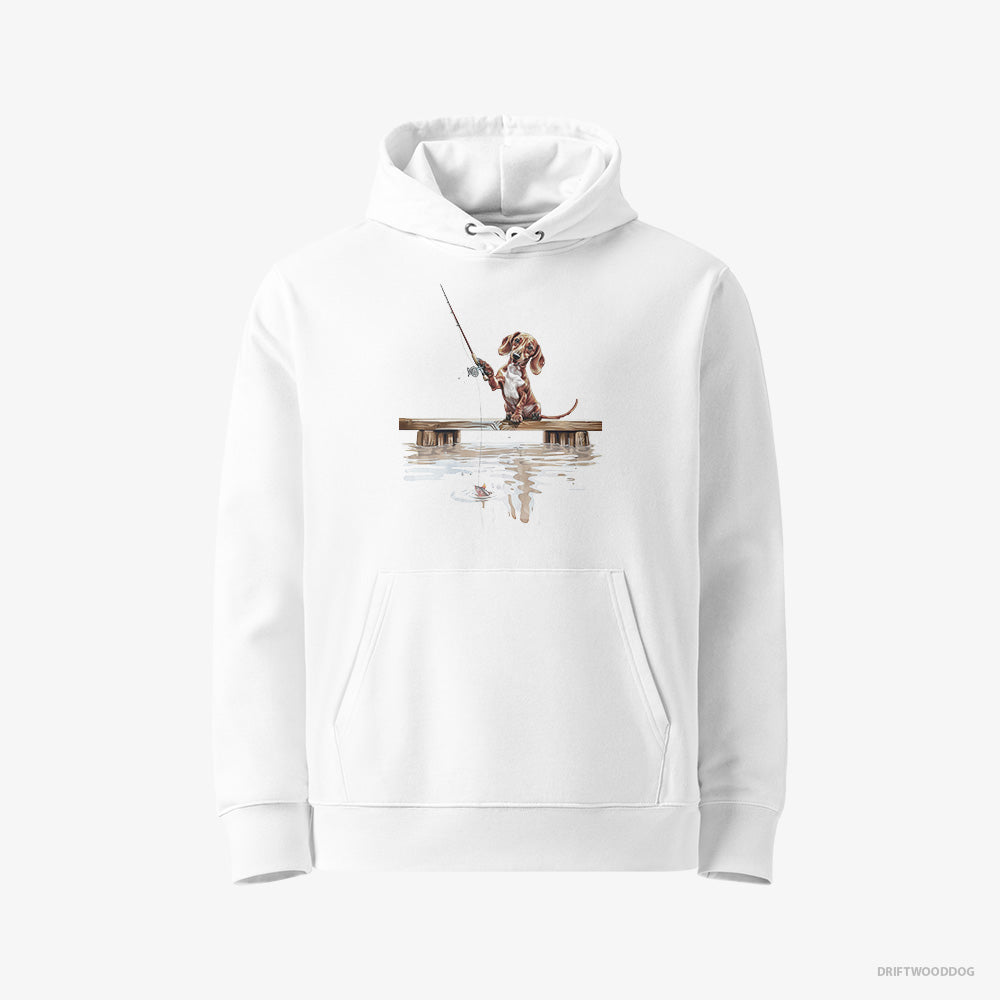 Dachshund Hoodie – Men White Hoodie Eco-Friendly – with a Fishing Rod (on White Background)