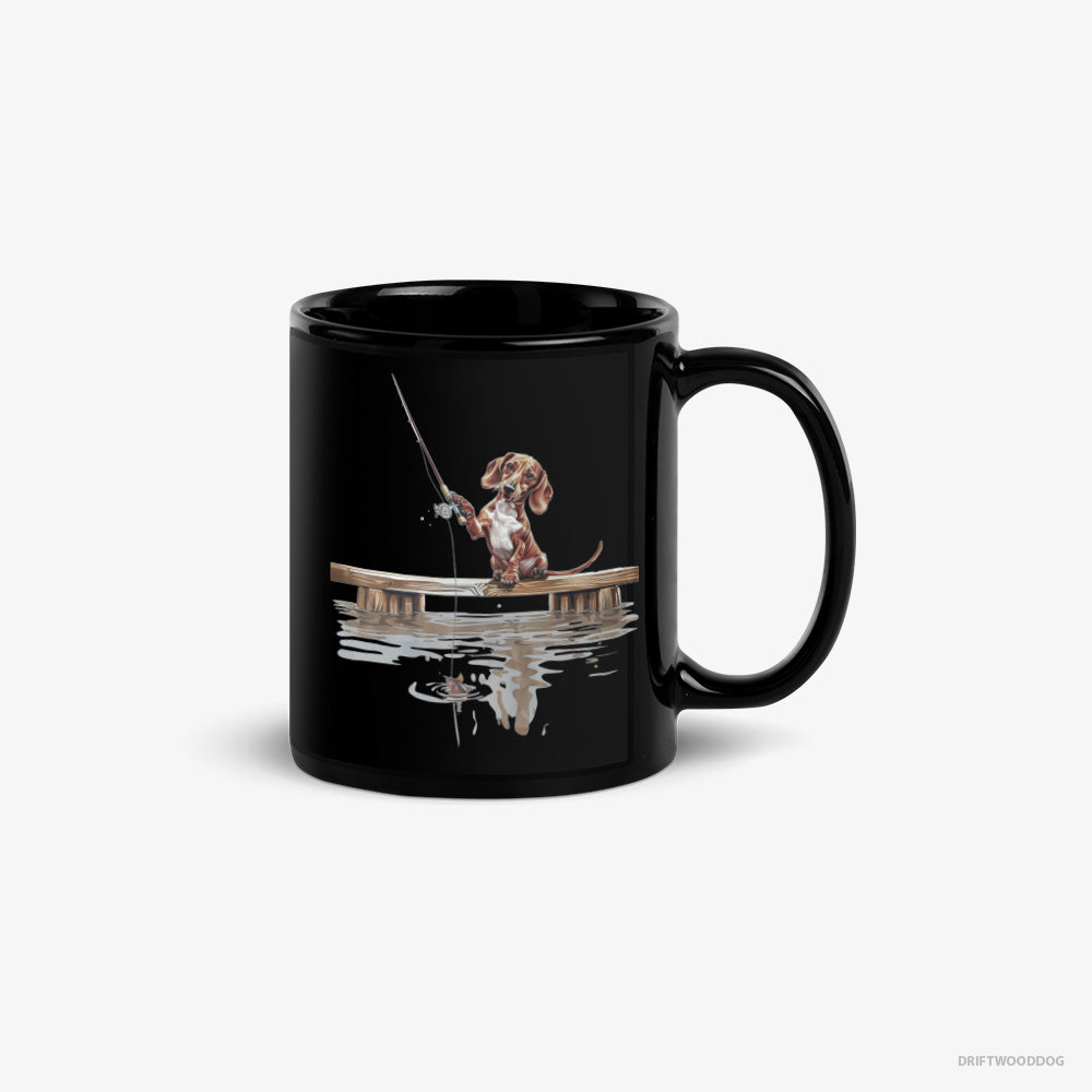 Dachshund Mug – Unisex Black Mug Classic – with a Fishing Rod (on White Background)