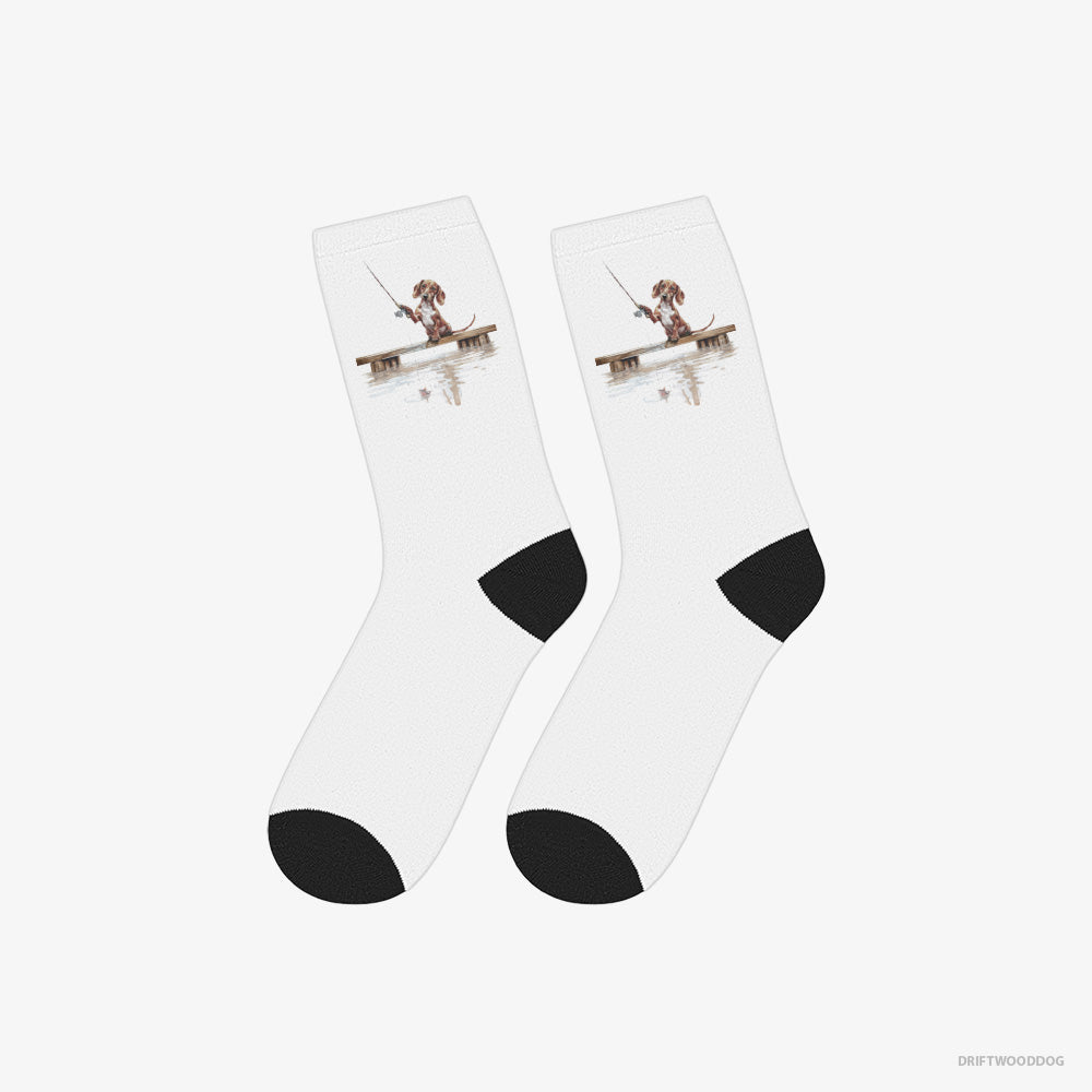 Dachshund Socks – Unisex White Socks Eco-Friendly – with a Fishing Rod (on White Background)