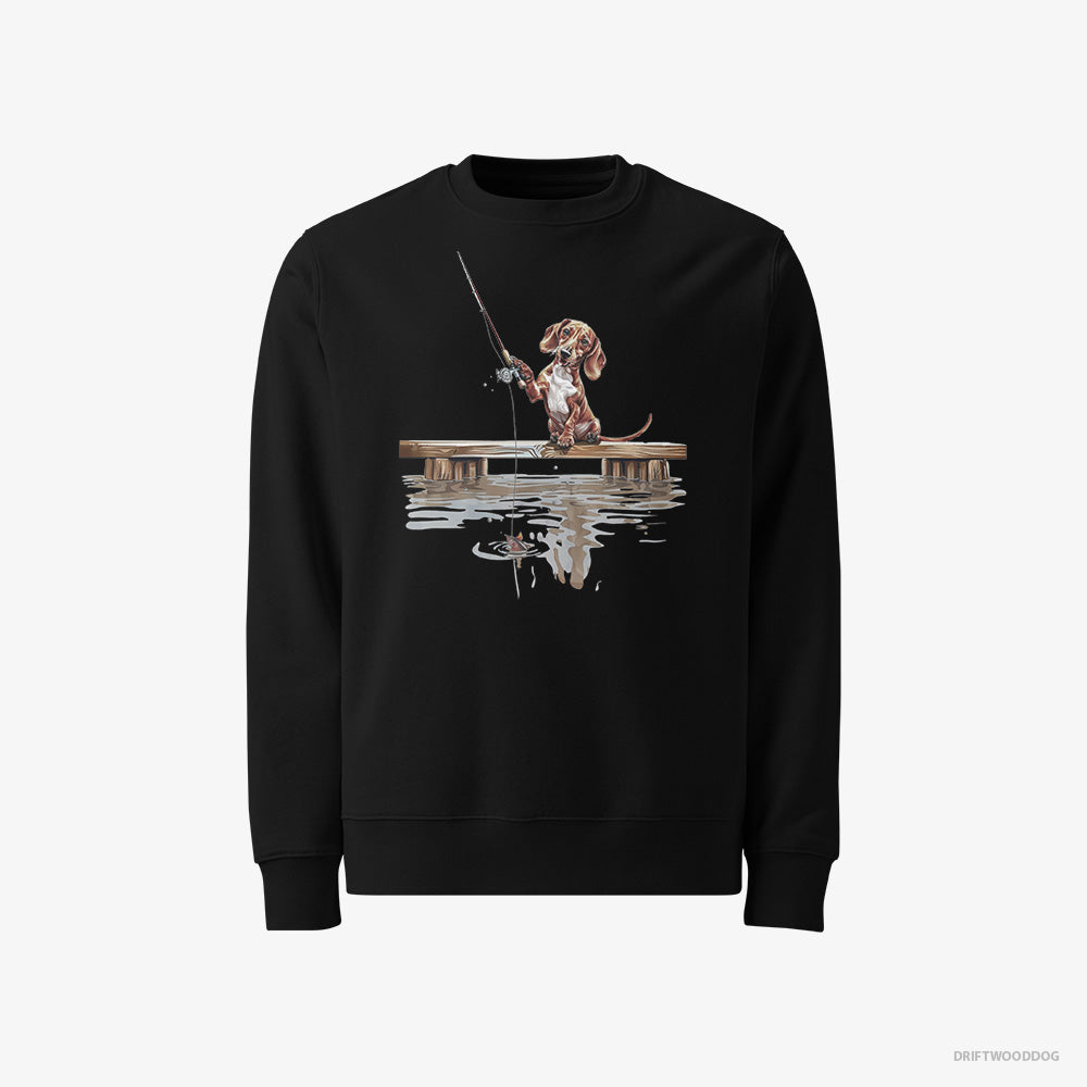 Dachshund Sweatshirt – Men Black Sweatshirt Classic – with a Fishing Rod (on White Background)