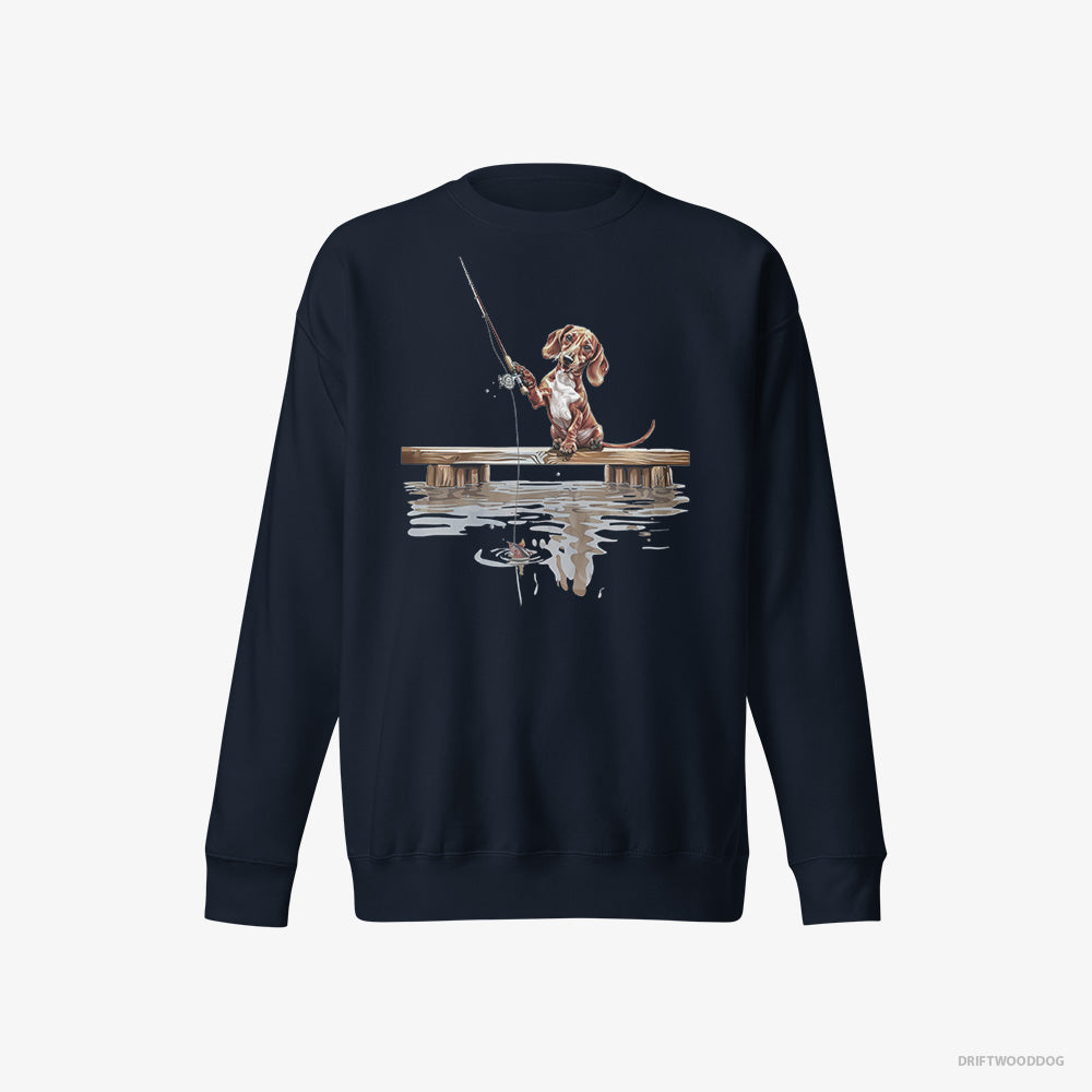 Dachshund Sweatshirt – Men Navy Sweatshirt Eco-Friendly – with a Fishing Rod (on White Background)