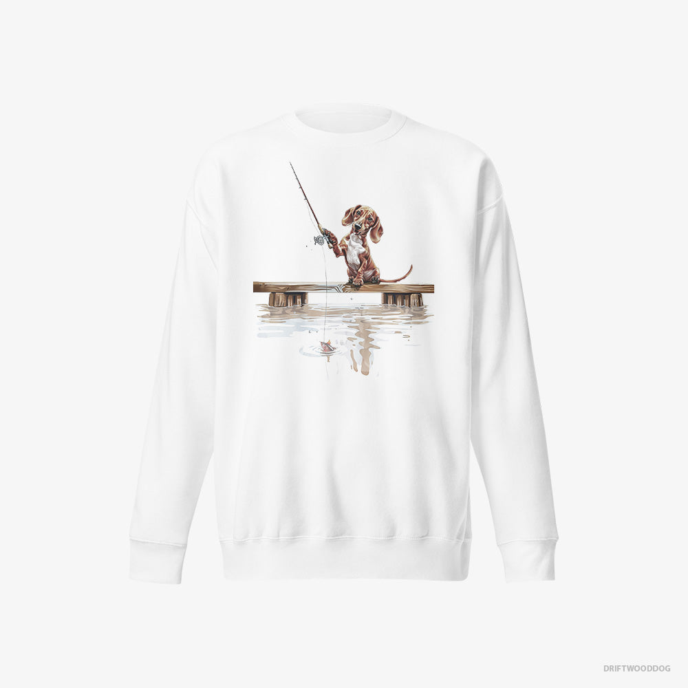 Dachshund Sweatshirt – Men White Sweatshirt Eco-Friendly – with a Fishing Rod (on White Background)