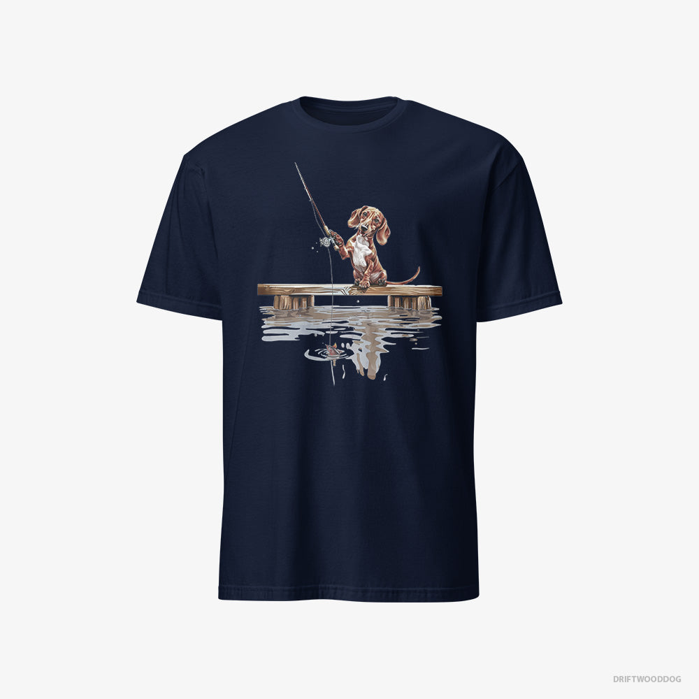 Dachshund T-Shirt – Men Navy T-Shirt Classic – with a Fishing Rod (on White Background)