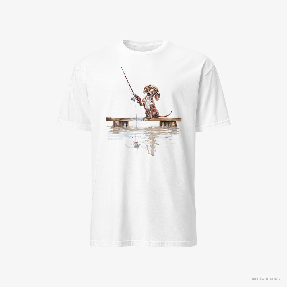 Dachshund T-Shirt – Men White T-Shirt Classic – with a Fishing Rod (on White Background)