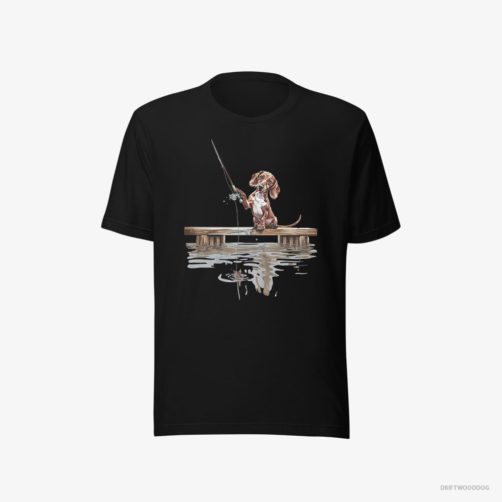 Dachshund T-Shirt – Men Black T-Shirt Eco-Friendly – with a Fishing Rod (on White Background)