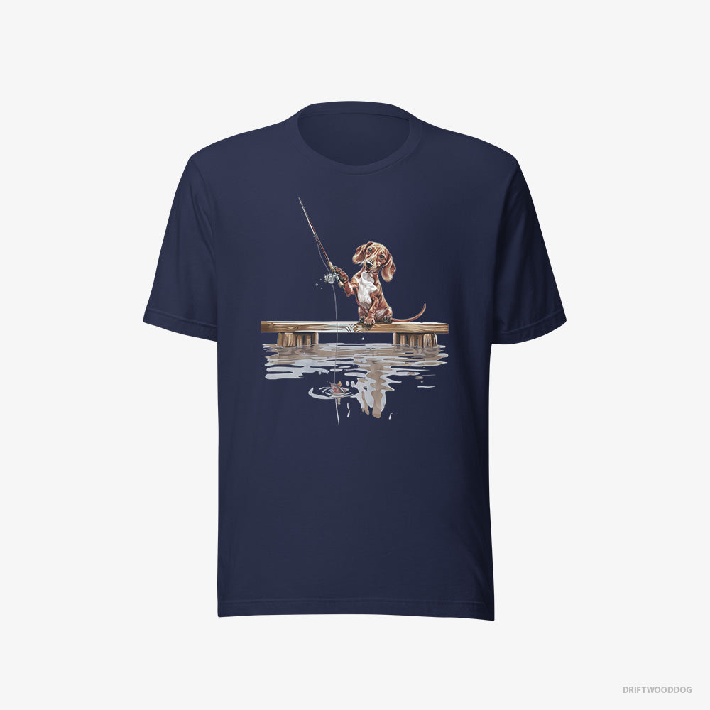 Dachshund T-Shirt – Men Navy T-Shirt Eco-Friendly – with a Fishing Rod (on White Background)