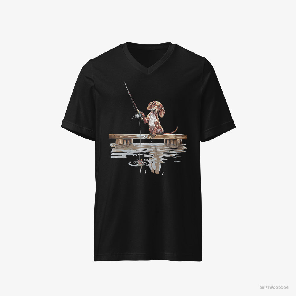 Dachshund T-Shirt – Men Black T-Shirt V-Neck – with a Fishing Rod (on White Background)