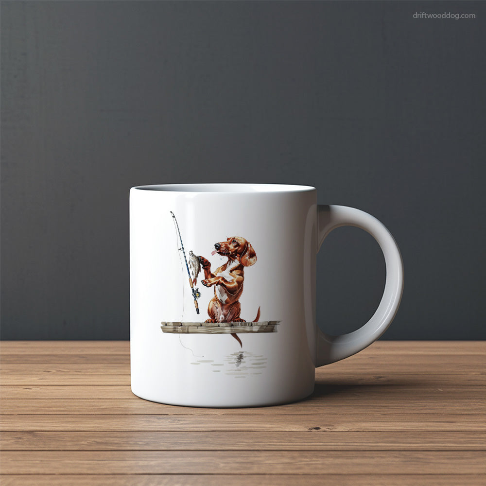 Dachshund Fishing with a Rod Mug – Custom Dog Mugs | Personalized Pet Mugs