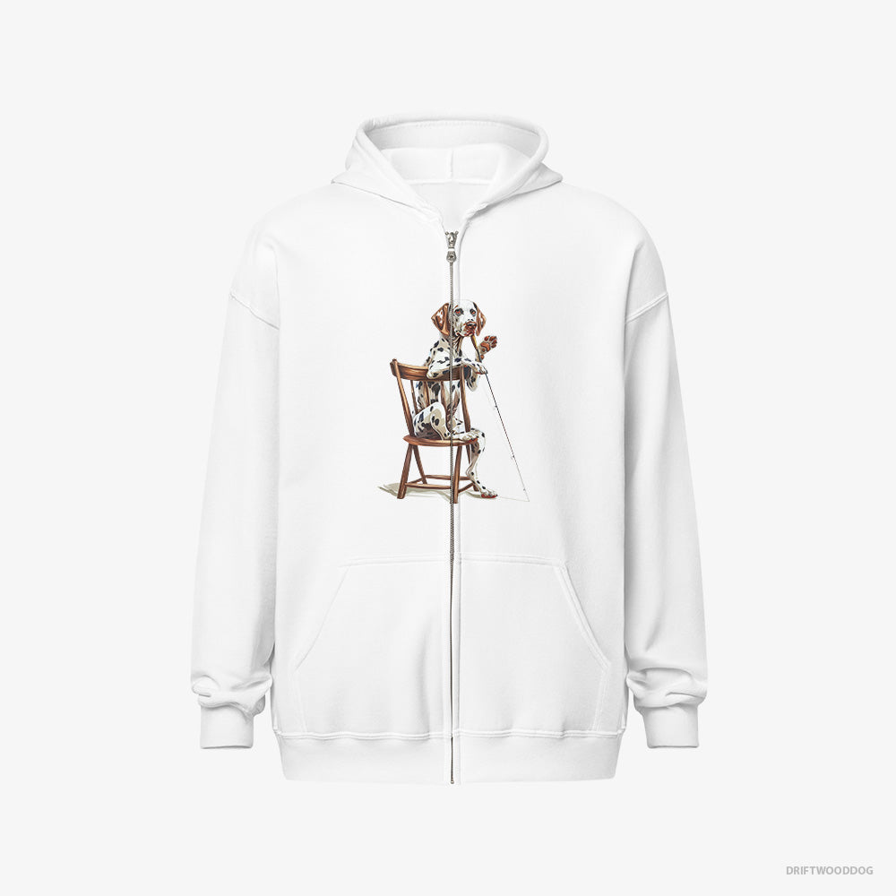 Dalmatian Hoodie – Men White Hoodie Full-Zip – Ready for Fishing (on White Background)