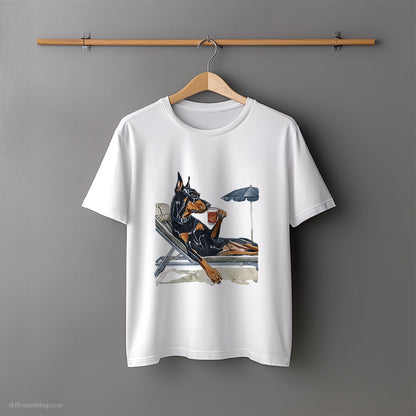 Dobermann Lying on a Sun Lounger with a Cocktail T-Shirt – Unisex Tee for Dog Lovers