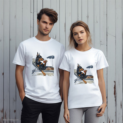 Dobermann Lying on a Sun Lounger with a Cocktail T-Shirt – Unique Dog T-Shirts for Pet Lovers